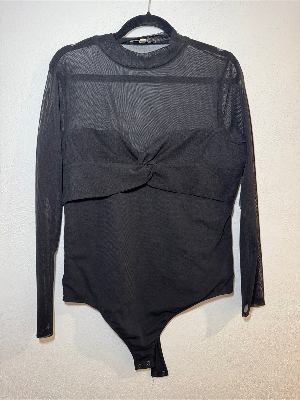 Express Black Sheer Mesh Twist-Front Long Sleeve Bodysuit